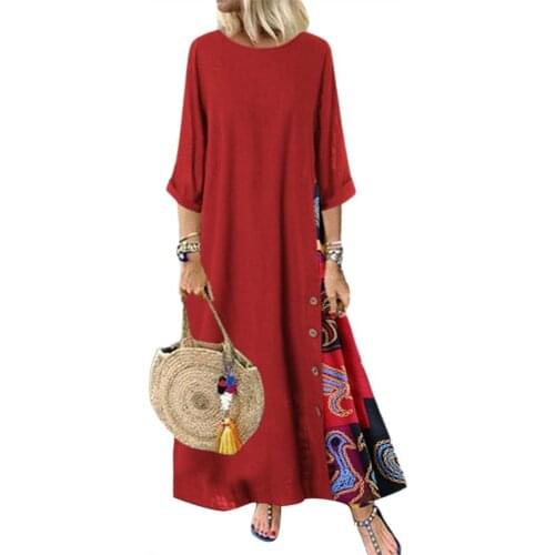 Summer dress Plus Size Women Vintage O Neck 3/4 Sleeve Side Buttons Printed Loose Long Dress robe femme Womens Clothing 2021