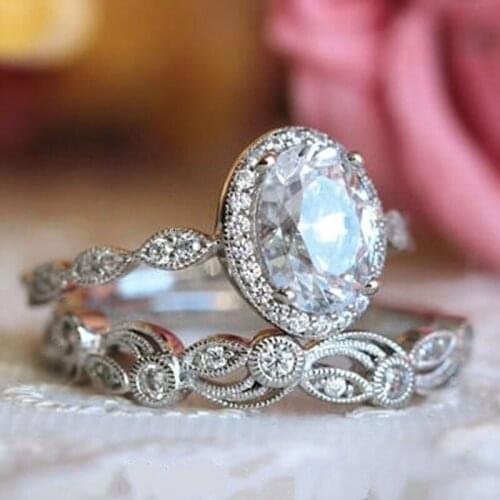 2pcs fashionable 925 Silver Engagement Wedding Princess set ring love diamond ring size 6-10