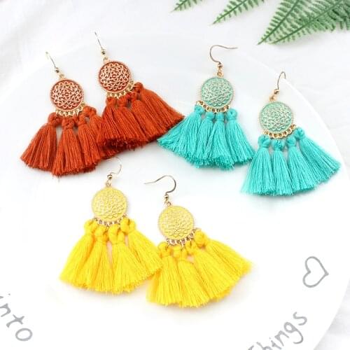 New Hot Multi-color Fringed Drop Earrings Engraving Fan Round Shaped Tassel Brincos Bohemian Braid Handmade Jewelry Gifts