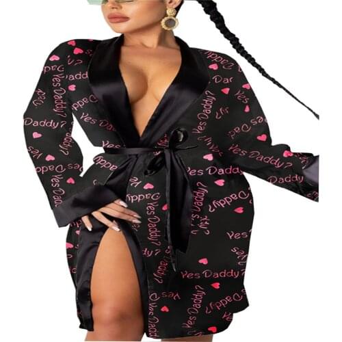 Sexy Women Sleepwear Lingerie Mid-length Sleeping Robe Dress Sexy Open Front Lace-up Printing Long sleeve Bathrobe 3 Colors