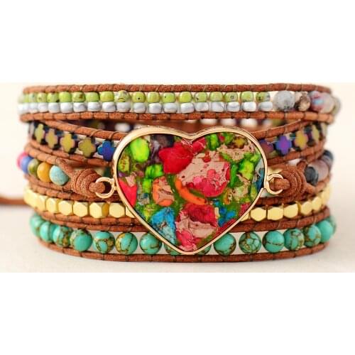 Attractive Heart Shape Leather Wrap Bracelets W/ Mix Stone Beads Multilayers Bracelet Classic Women Jewelry Bijoux Dropship