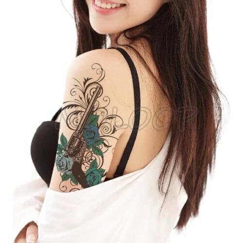 Tattoo sticker bule rose gun Waterproof Temporary lovely flower plant vine element Body Art Hand Foot for Girl Women Men kid
