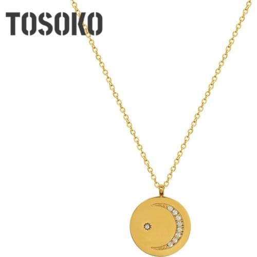 TOSOKO Stainless Steel Jewelry Round Brand Zircon Crescent Moon Necklace Womens Simple Clavicle Chain BSP1072