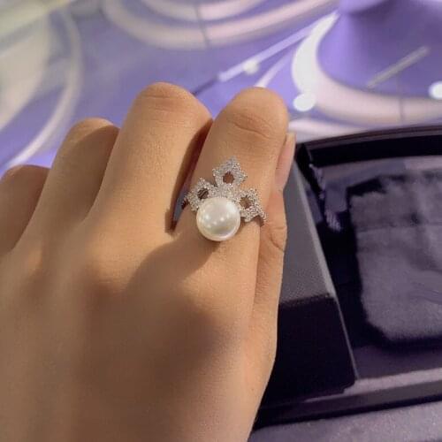 UMGODLY High Quality Fahsion Ring Silver Color White Pearl Geometry Flower Paved Cubic Zirconia Sliding Rings Women Jewelry Gift