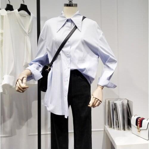 Womens Spring Autumn Runway Fashion Long Sleeve Blue Basic Shirt Female High Waist Casual Loose OL Blouse Tees Tops TB1651