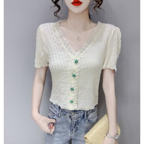 #4730 Beige Blue Knitted Blouse Women V Neck Sexy Short Shirt Single Breasted Slim Sweet Women Shirt Short Sleeves Summer Tops