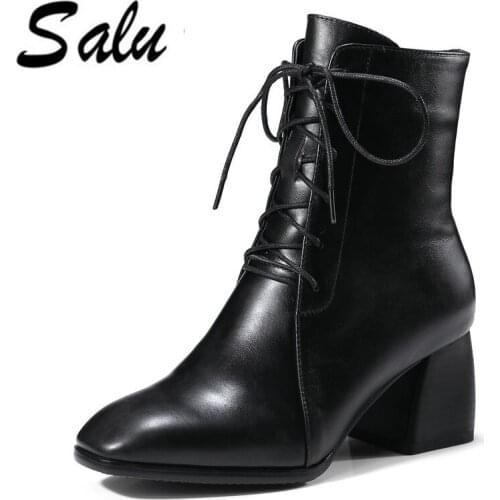 Salu 2020 new fashion shoes woman Genuine leather ankle boots for women lace up autumn winter shoes high heels black red boots