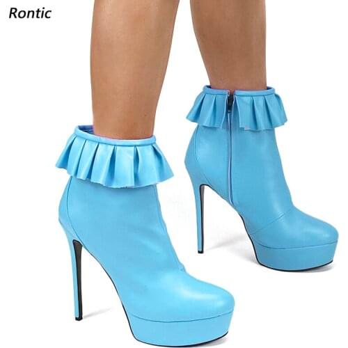 Rontic Women Winter Platform Ankle Boots Ruffles Side Zipper Stiletto Heels Round Toe Pretty Sky Blue Party Shoes US Size 5-20