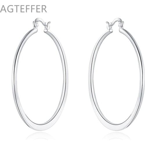 AGTEFFER 925 Sterling Silver 55mm Round Smooth Big oblate Circle Earrings For Woman Fashion Party Wedding Jewelry Gifts