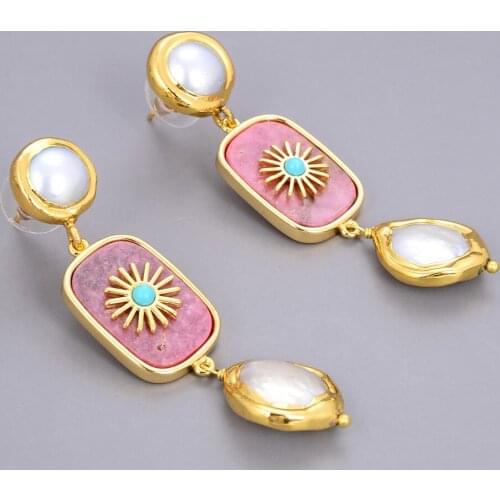 Freshwater White Keshi Pearl Natural Rhodochrosite Rising Sun Glod Color Plated Stud Earrings For Women