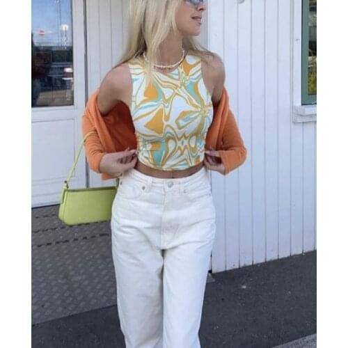 Womens Crew Neck Tank Tops, Sexy Sleeveless Abstract Liquid Print Slim Fit Crop Tops