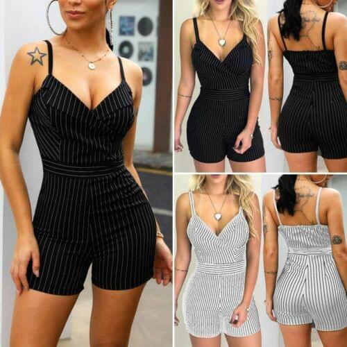 2019 Hot Sale Fashion Women Sexy V-Neck High-Waist Jumpsuit Shorts Casual Stripe Jumpsuit Ladies Summer Clothes Black White S-XL