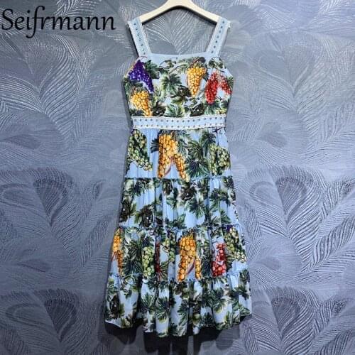 Seifrmann New 2021 Summer Women Fashion Runway Party Midi Dress Sexy Spaghetti Strap Gorgeous Crystal Ruffles Print Ladies Dress