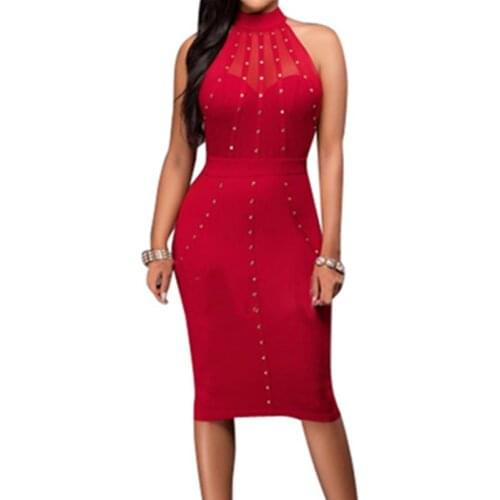 Puls Size XS-XXXL 2022 Summer Women Elegant Party Sexy Night Club Halter Neck Sleeveless Sheath Bodycon Mesh Midi Dress AD067
