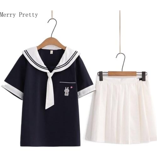 Women Dress Sets Short Sleeve Sailor Collar Tie Blouse And Hight Waist Pleated Mini Skirts 2021 Summer Matching 2 Pieces Set