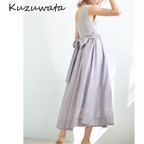 Kuzuwata O Neck Sleeveless Knitting Patchwork High Waist Back Bowknot Vestidos 2021 Summer New Women RobeTemperament Dresses