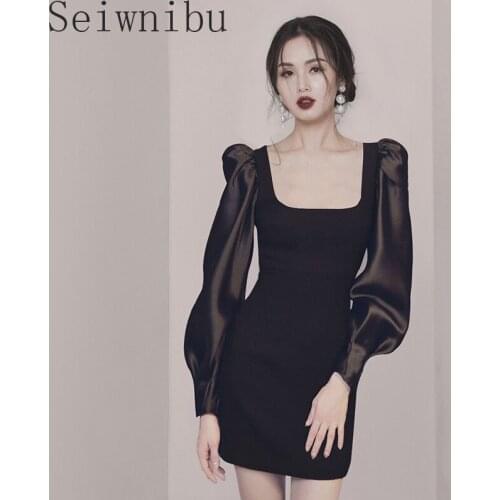 Vintage Dress For Women Square Collar Lantern Long Sleeve High Waist Bodycon Black Mini Dresses Female 2020 Autumn Tide