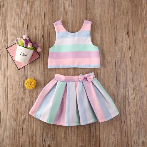 Imcute 2PCS Girls Sleeveless Vest Rainbow Striped Skirt Set Comfortable Toddler Kids Baby Girl Clothing Set Mini Bow-knot 6M-3Y
