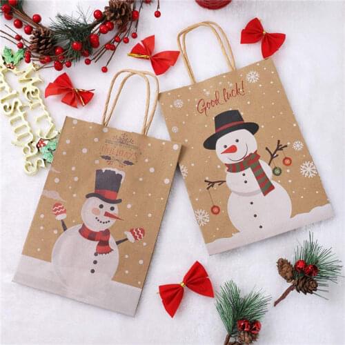 1PCS Merry Christmas Storage Bag Kraft Brown With Handle Snowman Navidad Paper Candy Box Birthday Wedding Party Decor