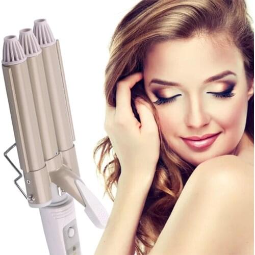 1pcs Kemei Roll Stick Three-Stick Curler Water Ripple Roller Cue Curler Hair Big Roll Electric Hair Stick Big Volume Perm Gold
