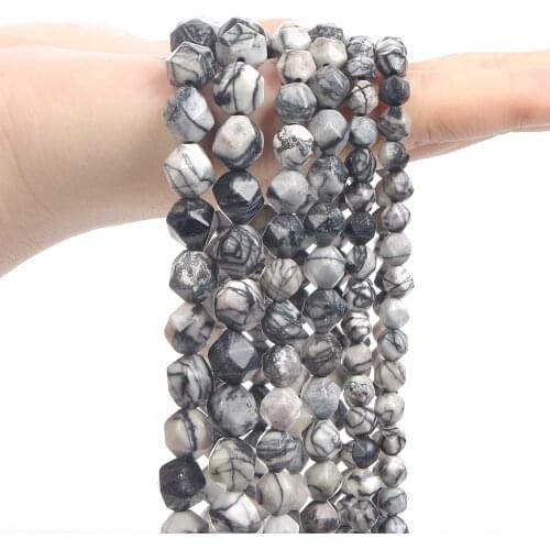 Faceted Black Network Natural Stone Beads Loose Spacer Beads for Jewelry Making Charm Bracelets Necklace Accessories 6/8/10MM