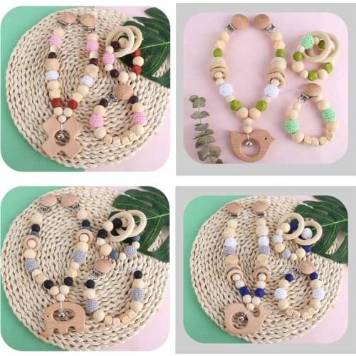 Baby Teether Teething Pendant Pram Clip Hanging Toy Pacifier Chain Stroller Mobile Rattle Wooden Nursing Molar Soother Infants