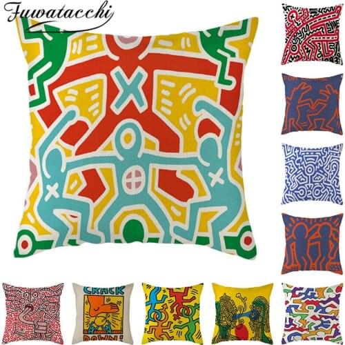 Fuwatacchi Linen Stick Figure People Photo Cushion Cover Geometric Pattern Pillow Cover for Home Sofa Decorative Pillowcases New