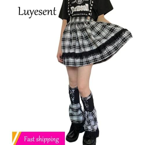 Gothic Plaid Y2k Girl Mini Skirt Black White Lace Korean Fashion Pleated Skirts Harajuku School Lady Empire Midi Japanses Cloth