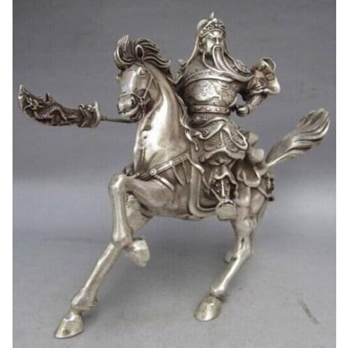 Chinese Collectable Tibet Silver Warrior God Guan Yu & Horse Statue wholesale factory Arts outlets