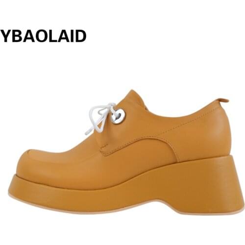 British Style Thick-soled Wedge Big-toed Leather Shoes 2021 New Round Toe Leather Deep Mouth Lace-up High Platform Shoes