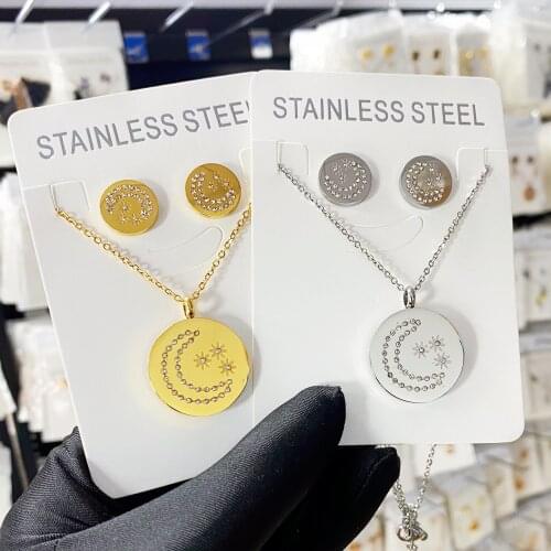 Stainless Steel Set Necklace Earrings For Women Lovers Gold And Silver Color Moon & Star Pendant Necklace Engagement Jewelry