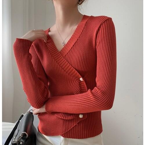 2021 New Sexy V-Neck Sweater Vintage Irregular Womens Pullovers Casual Slim Bottoming Sweaters Shirt Female Elastic Cotton Tops