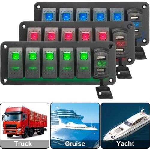 5 Gang Rocker Switch Panel 4.2A Outlet Combination Waterproof Dual USB Port Digital Voltage Display for Marine Car Truck