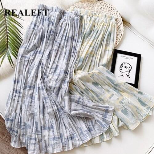 REALEFT Summer New 2021 Geometric Printed Tulle Pleated Mi-long Womens Skirts High Waist Chiffon Loose Female Umbrella Skirts
