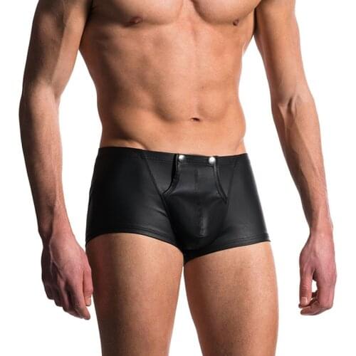 Sexy Mens Underwear Boxer Shorts Faux Leather Open Crotchless Penis Pouch Boxers Male Trunks Gay Panties Sexy Costume XXL