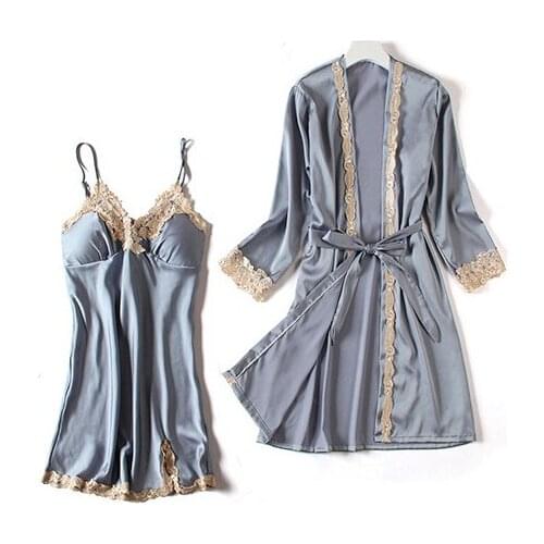 Silky Summer Gown Sleep Set Women 2PC Lace Pajamas Lounge Lingerie Sexy Nightwear Suit Sleepwear Robe Pijama Wear Home Clothes