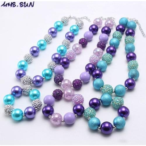 MHS.SUN Girls Purple/Blue Chunky Beads Necklace Bracelet Cute Kids Children Bubblgum Beaded Necklace Jewelry Set For Party