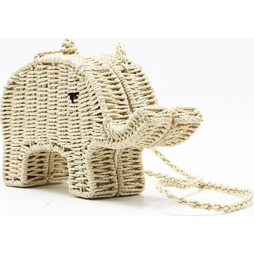Cartoon Elephant Straw Handbag Women Shoulder Bag Woven Beach Mini Cute Casual Crossbody Bag