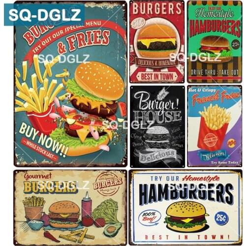 [SQ-DGLZ] BURGERS & FRIES Metal Sign Bar Wall Decoration Tin Sign Vintage Metal Signs Home Decor Painting Plaques Art Poster