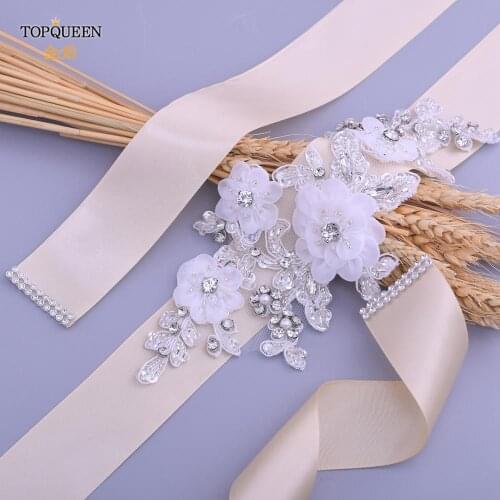 TOPQUEEN Champagne Rhinestone Beads Flower Bridal Belts Maternity Dresses Beaded Wedding Belt Art Decoration Bride Dresses S358