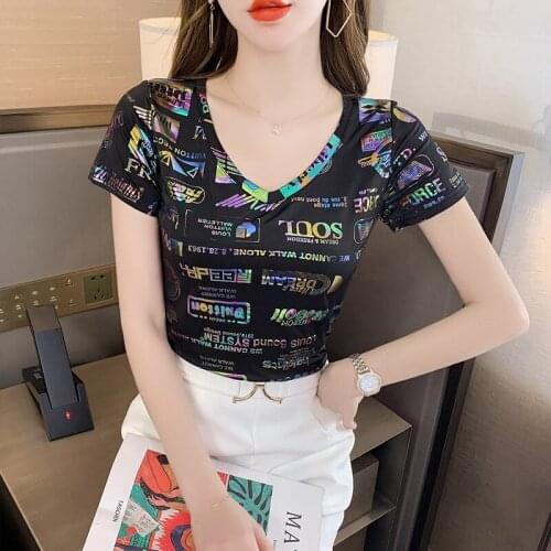 2021 summer Fashion letters t-shirts for women streetwear bright bronzing tee shirt women v-neck short sleeve plus size t shirt