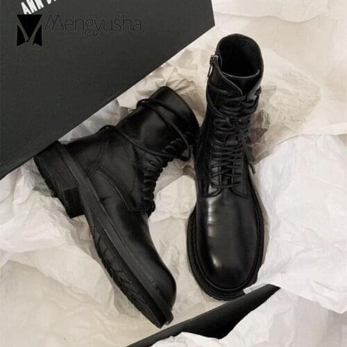 British Lace-up high top boots women snow show cow leather brand cross-tied motorcycle booties female designer mid-calf botas