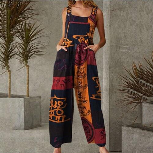Women Jumpsuit Ethnic Style Patchwork Vintage Casual Rompers Suspenders Wide Leg Jumpsuits 2021 Fashion Female Playsuits