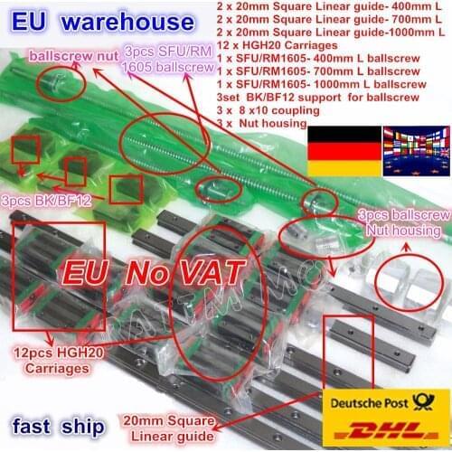 3 sets Square Linear guide sets 400/700/1000mm + 3pcs Ballscrew SFU1605 400/700/1000mm with Nut + 3set BK/B12 + Coupling CNC Kit