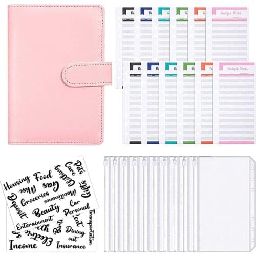 A6 PU Leather Notebook Binder Budget, 6 Ring Binder Cash Budget Envelopes System, 12 Pieces Expense Budget Sticker