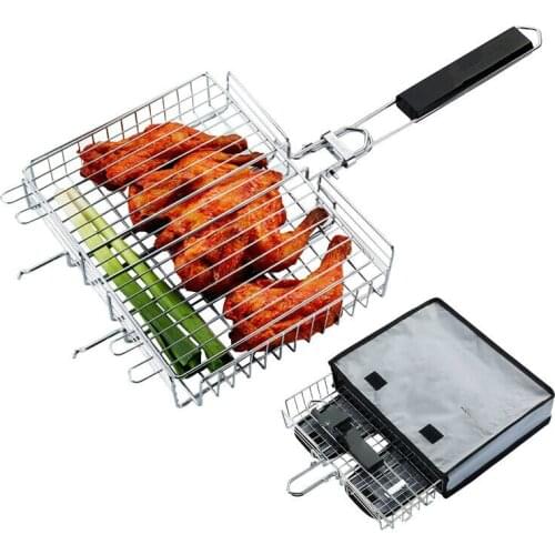 Non-Stick Rectangle Grilling Basket BBQ Meat Grill Rack with Black Wood Handle Portable Barbecue Tools For Burgers Chicken Fish