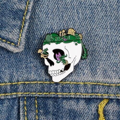 Punk Exaggerated Rebirth Bone Skull Mushroom Flowers Enamel Brooch Alloy Badge Cowboy Clothes Bag Pin Accessories Woman Jewelry