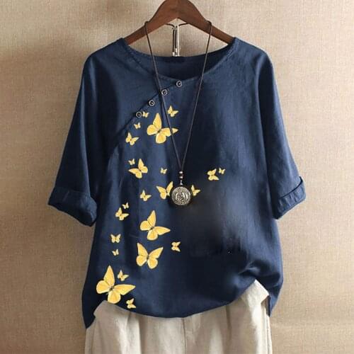 Ladies Cotton And Linen Plus Size Ladies Fashion Elegant Butterfly Print Button Sleeve Multiple Colour Multiple Styles Shirts
