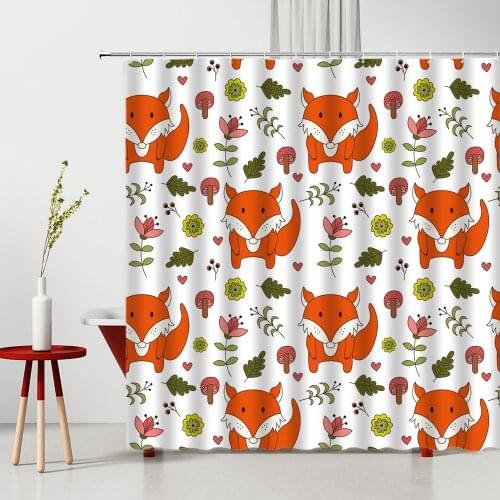 Child Shower Curtain Cartoons Cute Animal Fox Printing Pattern Bathtub Decor Waterproof Hanging Curtain Multiple Size With Hooks