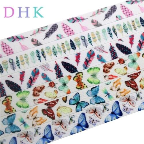 DHK 50yards feather butterfly printed grosgrain Ribbon Accessory hairbow headwear decoration Wholesale OEM S1013